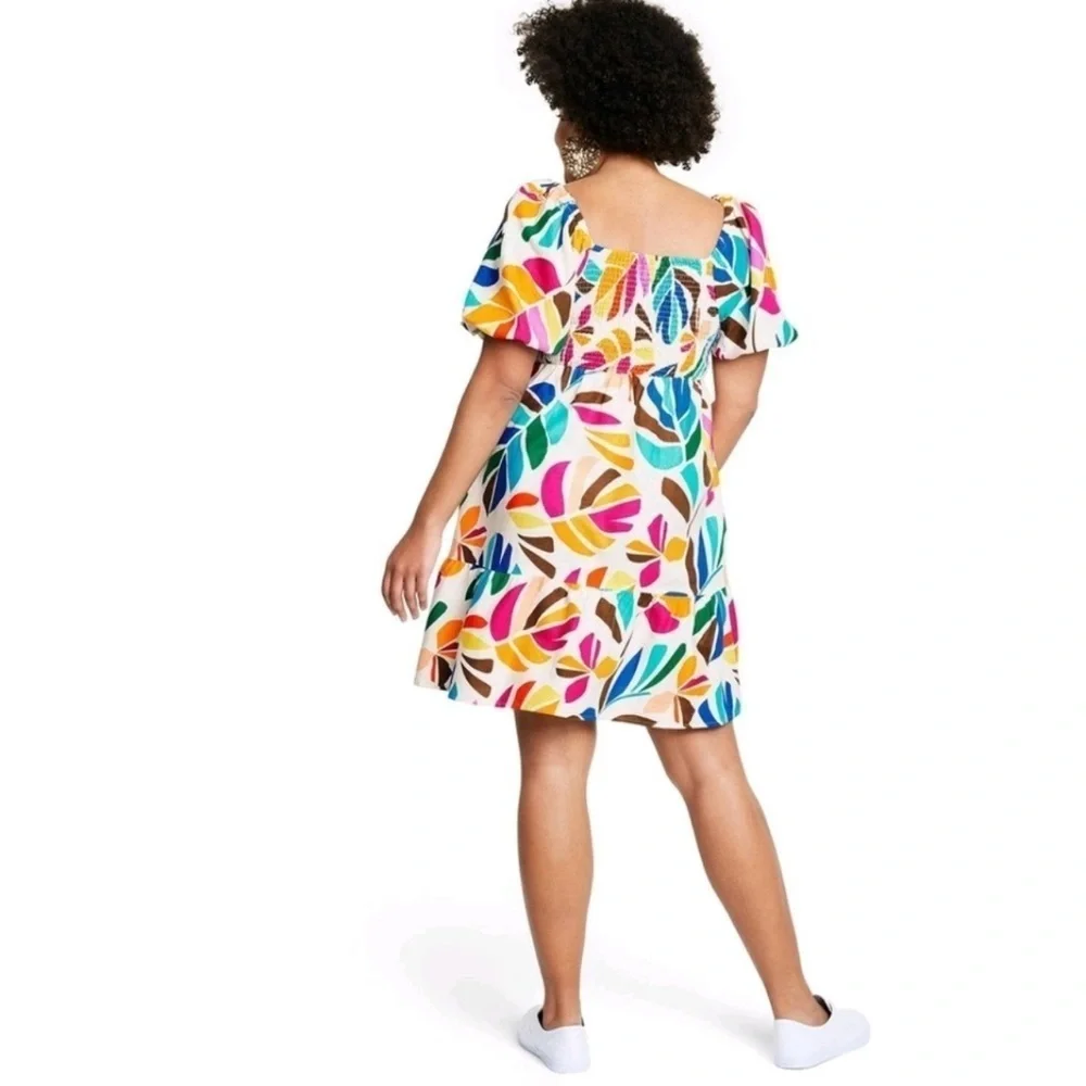 Vacation / Resort Puff Sleeve Dress | Tabitha Brown Tropical Linen | Size Large - Picture 3 of 12